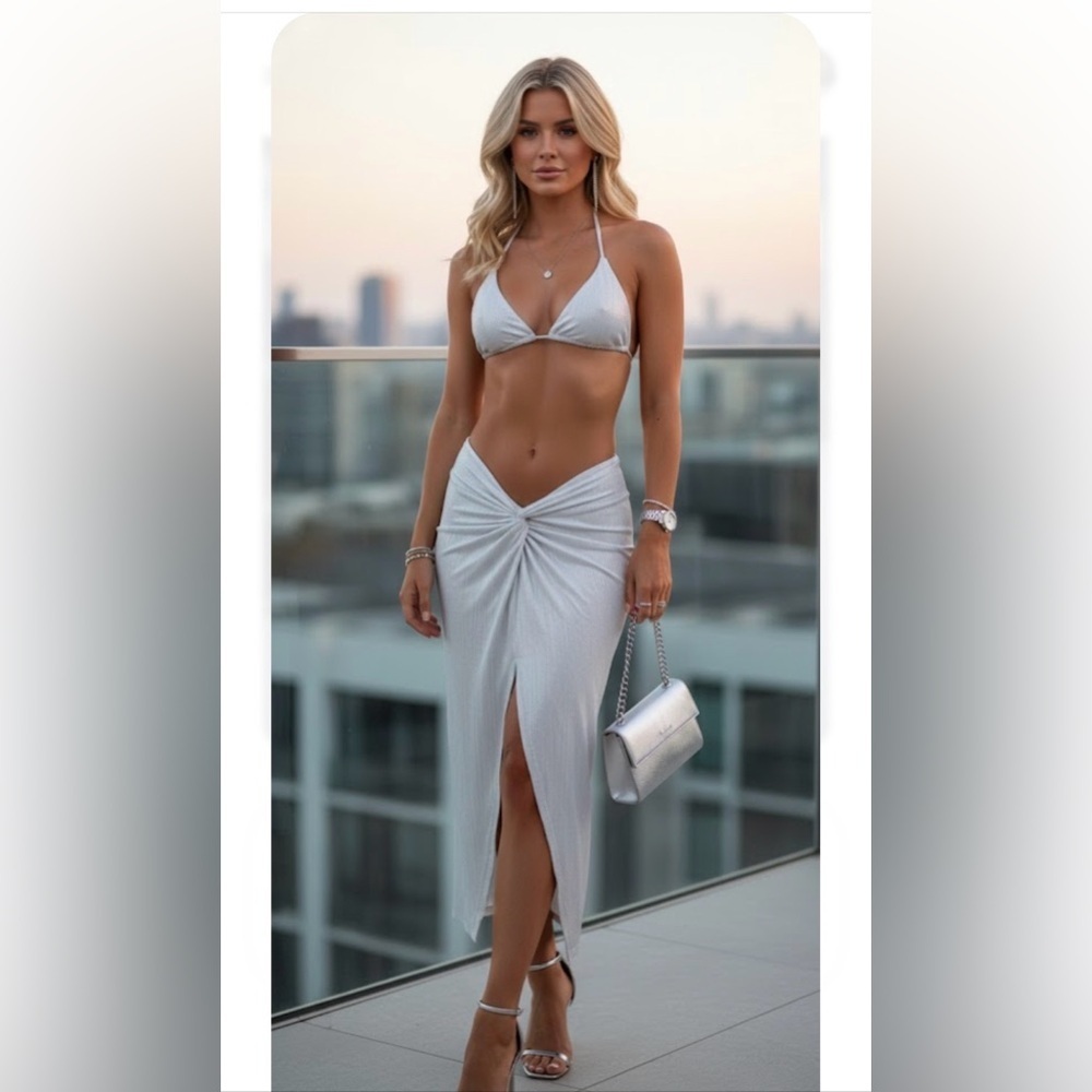 Tanya guefrey stdrm.  Silver Midi Pencil Skirt with Tie Front and Slit